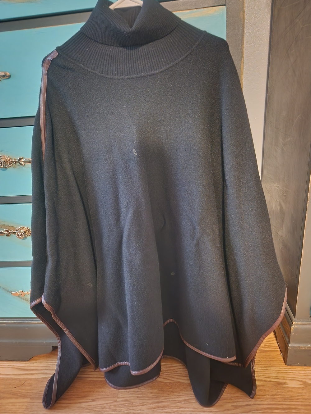 New York & Company Black Turtleneck Poncho with Brown Trim